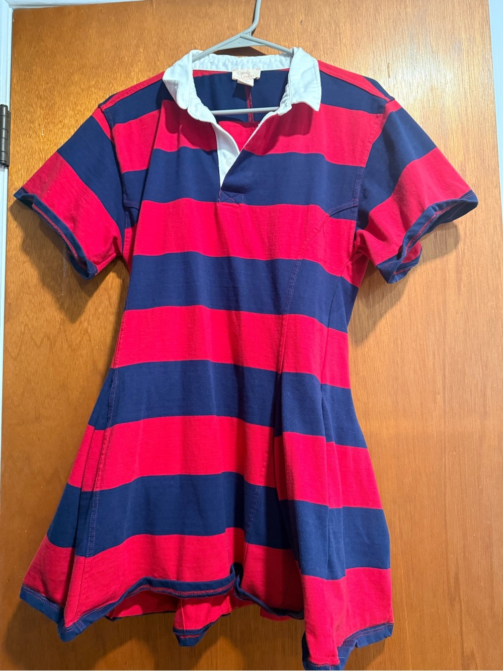 Camila Coelho Girls' Red & Navy Striped Polo Dress with White Collar